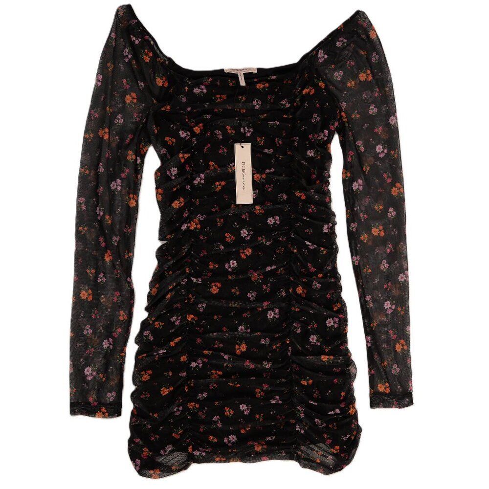 BCBGeneration Women's Black Square Neck Ditsy Floral Ruched Dress NWT Large BCBG